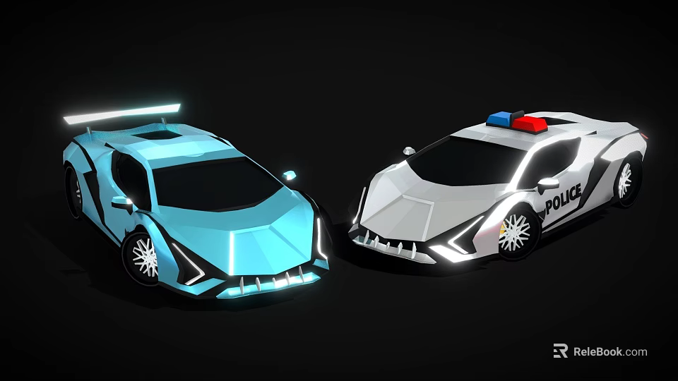 Blue Futuristic Sports Car and White Police Car with Emergency Lights 3d model 