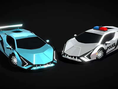 Blue Futuristic Sports Car and White Police Car with Emergency Lights 3d model