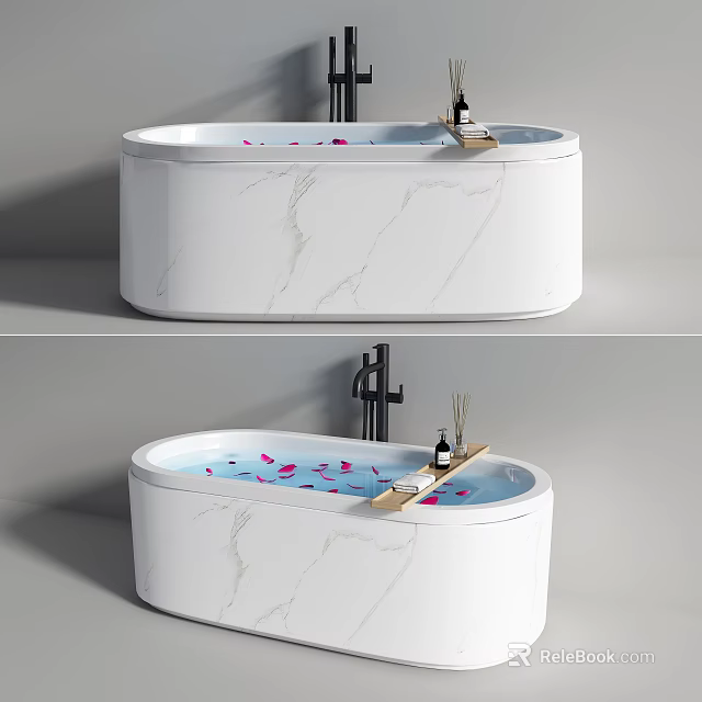 White Marble Texture Oval Bathtub With Rose Petals Black Faucet And Wooden Tray 3d model 