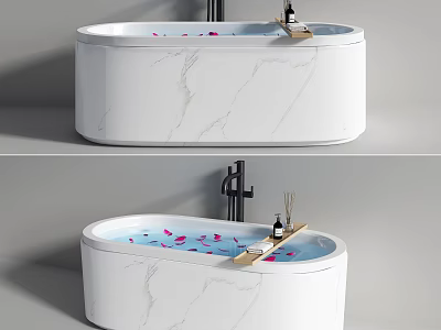 White Marble Texture Oval Bathtub With Rose Petals Black Faucet And Wooden Tray 3d model