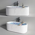 White Marble Texture Oval Bathtub With Rose Petals Black Faucet And Wooden Tray