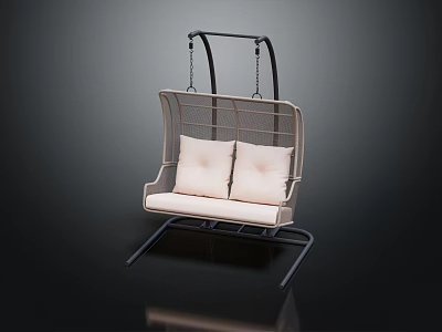 Modern Rattan Hanging Chair With Metal Frame And Light Colored Cushions 3d model