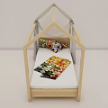 Wooden House Shaped Kids Bed With Roof Frame Gray Canopy Curtain And Colorful Bedding