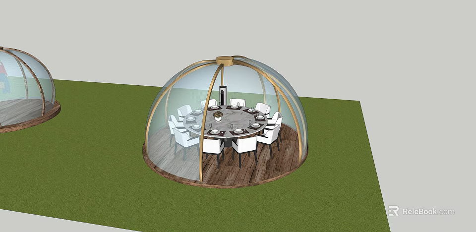 Transparent Dome Restaurant With Round Dining Table White Chairs Wooden Floor And Green Grass 3d model 