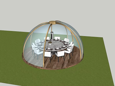 Transparent Dome Restaurant With Round Dining Table White Chairs Wooden Floor And Green Grass 3d model