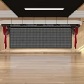 Modern Gym Interior With Spacious Wooden Flooring Large Windows Red Curtains And Slatted Ceiling