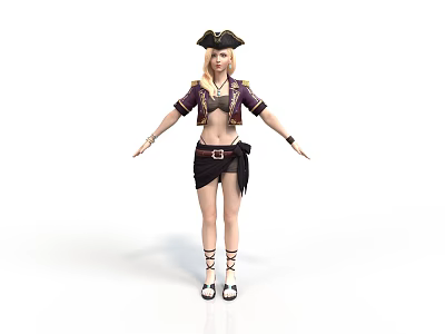 Pirate Style Female Character Pirate Female Pirate Hat Purple Jacket Belt Skirt Strap Sandals Earrings Necklace Bracelet Clothes Realistic 3d model