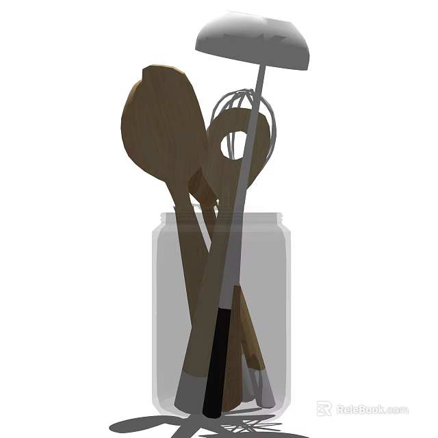 Essential Kitchen Utensils Wooden Spoon and Whisk Stored in Glass Jar 3d model 