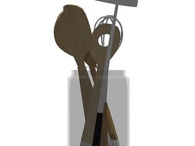 Essential Kitchen Utensils Wooden Spoon and Whisk Stored in Glass Jar 3d model