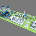 Industrial Equipment Layout Featuring Cooling Towers Chimney Stacks Storage Tanks And Piping Systems