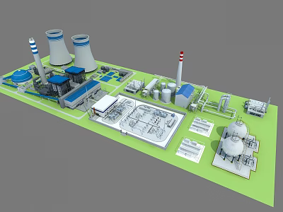 Industrial Equipment Layout Featuring Cooling Towers Chimney Stacks Storage Tanks And Piping Systems 3d model