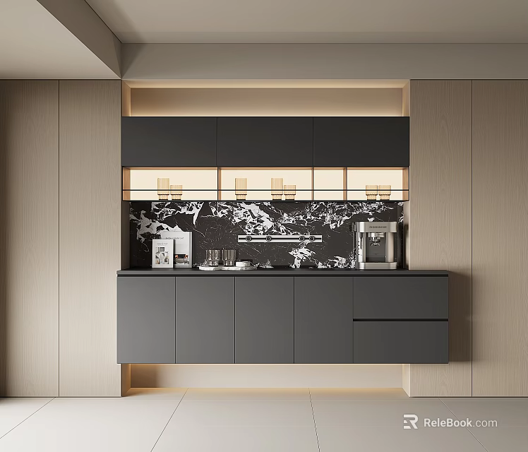 Modern Gray Sideboard With LED Lighting And Decorative Wall Panel In Kitchen Interior 3d model 
