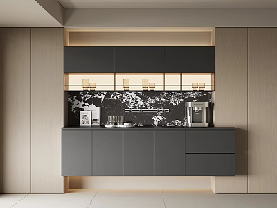 Modern Gray Sideboard With LED Lighting And Decorative Wall Panel In Kitchen Interior 3d model
