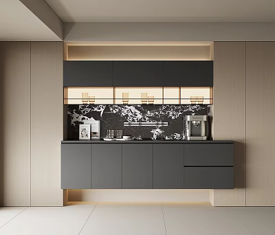 Modern Gray Sideboard With LED Lighting And Decorative Wall Panel In Kitchen Interior 3d model