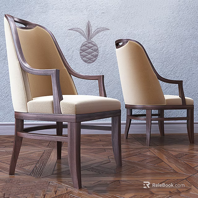 Beige Single Sofa with Dark Brown Wooden Frame and Pineapple Pattern on Wall 3d model