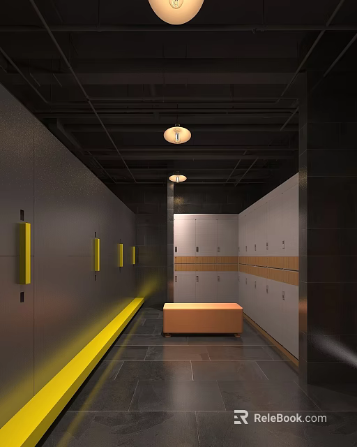 Contemporary Locker Room With Dark Walls Yellow Accents Orange Bench White Lockers And Ceiling Lights 3d model 