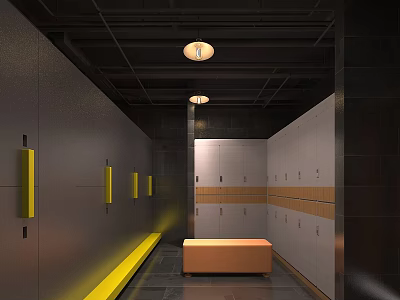 Contemporary Locker Room With Dark Walls Yellow Accents Orange Bench White Lockers And Ceiling Lights 3d model