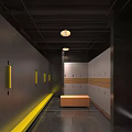 Contemporary Locker Room With Dark Walls Yellow Accents Orange Bench White Lockers And Ceiling Lights