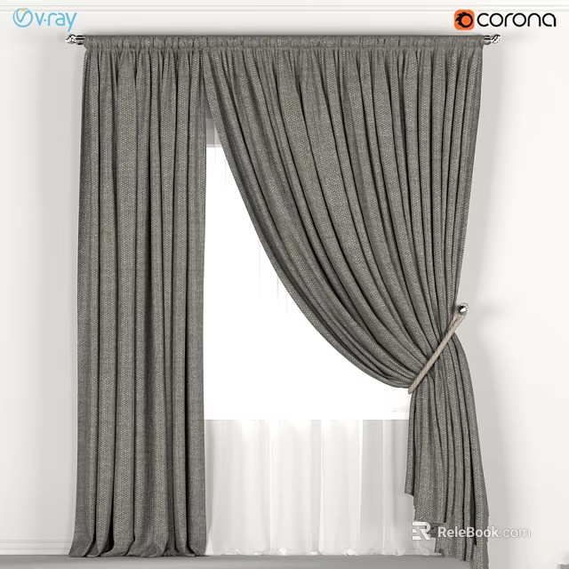 Gray Textured Fabric Curtains With Elegant Pleated Design Tied Back For Window Decoration 3d model 