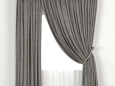 Gray Textured Fabric Curtains With Elegant Pleated Design Tied Back For Window Decoration 3d model