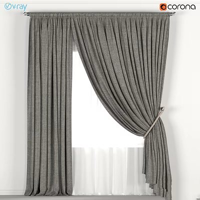 Gray Textured Fabric Curtains With Elegant Pleated Design Tied Back For Window Decoration 3d model