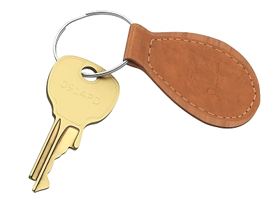 Golden Key With Brown Leather Keychain And Key Ring Accessory 3d model