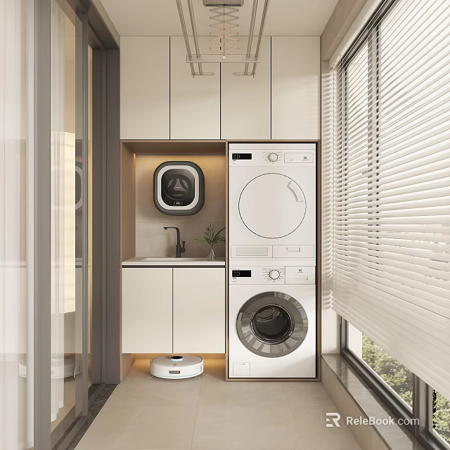 Home Balcony Laundry Area With White Cabinets Washing Machine Dryer Sink And Window Blinds 3d model 
