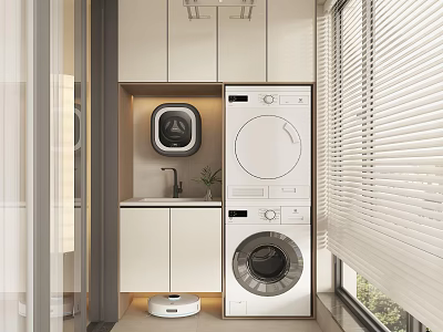 Home Balcony Laundry Area With White Cabinets Washing Machine Dryer Sink And Window Blinds 3d model