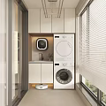 Home Balcony Laundry Area With White Cabinets Washing Machine Dryer Sink And Window Blinds