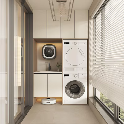 Home Balcony Laundry Area With White Cabinets Washing Machine Dryer Sink And Window Blinds 3d model