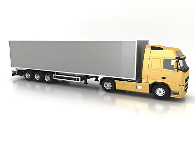 Large Yellow Commercial Cargo Truck With Grey Container And Multiple Wheels 3d model
