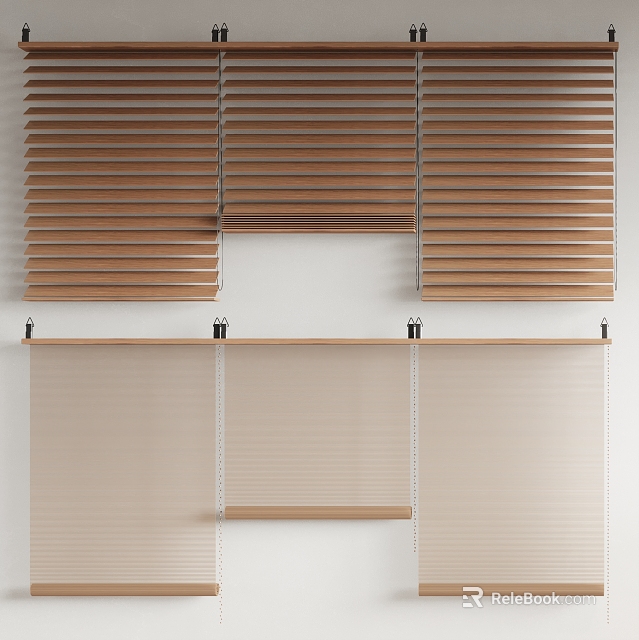 Different Types Of Window Blinds With Wooden And Fabric Materials For Home Interior 3d model 