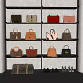 Baggage Display With Various Styles On Lighted Shelves In Modern Showroom Setting