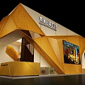 Modern Exhibition Booth With Geometric Design Golden White Exterior Shangri-La Signage Glass Entrance Reception Counter