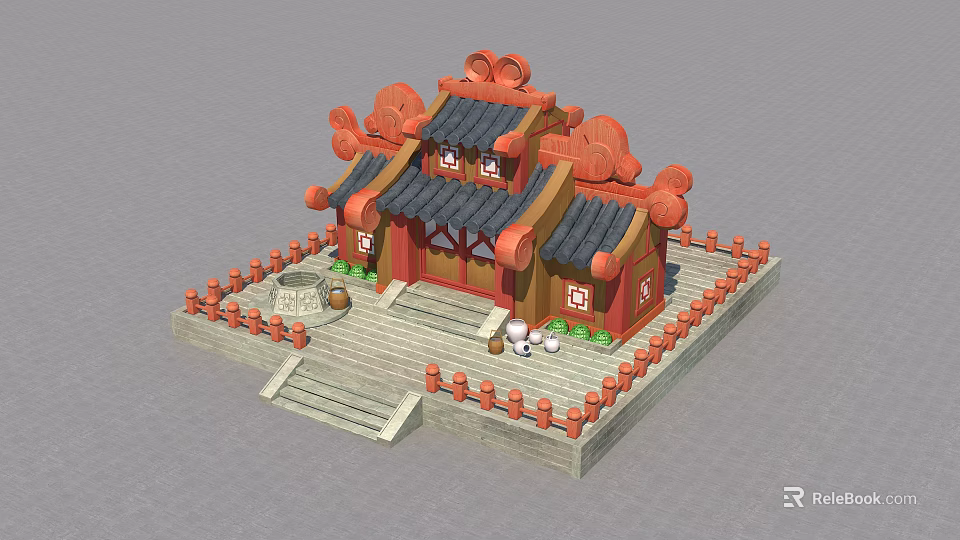 Cartoon Scene Of Traditional Chinese Architecture With Red Decorative Roof And Fenced Courtyard 3d model 