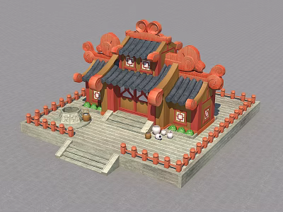Cartoon Scene Of Traditional Chinese Architecture With Red Decorative Roof And Fenced Courtyard 3d model