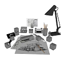 Ornamental Decoration Set With Black Desk Lamp Pencils Architectural Drawings Small Cubes And Models