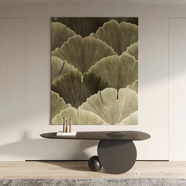 Ginkgo Leaf Pattern Painting With Green Beige Tones Above Black Round Table And Decorative Objects 3d model