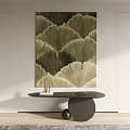 Ginkgo Leaf Pattern Painting With Green Beige Tones Above Black Round Table And Decorative Objects 3d model
