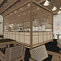 Warm Wooden Restaurant Interior With Ceiling Pendant Lights Bar Counter Screen Landscape Painting And Plants