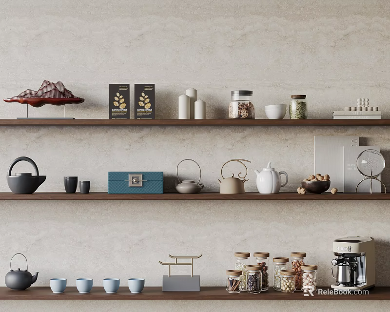 Stylish Decorative Ornament Set on Wooden Shelves with Teapots Cups Jars and Coffee Machine 3d model 