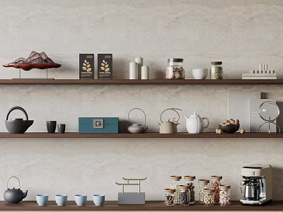 Stylish Decorative Ornament Set on Wooden Shelves with Teapots Cups Jars and Coffee Machine 3d model