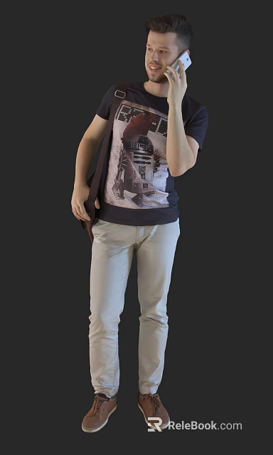 A Stylish Man Wearing R2D2 Print Tshirt Holding Bag And Light Colored Pants 3d model 