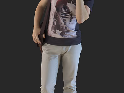 A Stylish Man Wearing R2D2 Print Tshirt Holding Bag And Light Colored Pants 3d model