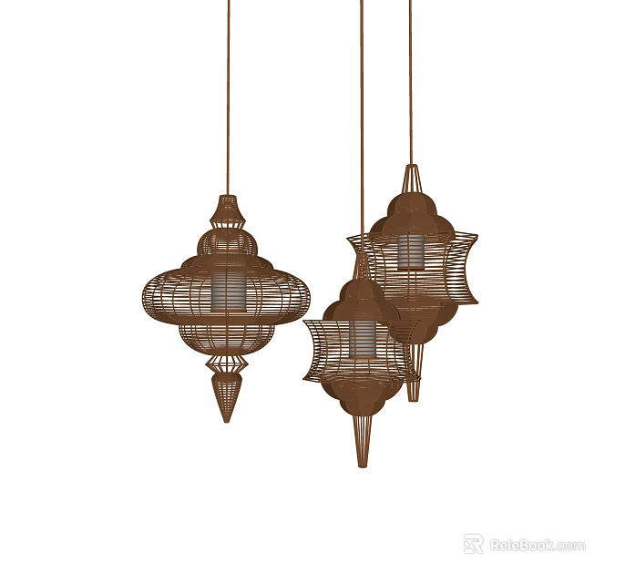 Three Rustic Brown Hanging Pendant Lights With Decorative Metal Cage Design 3d model 