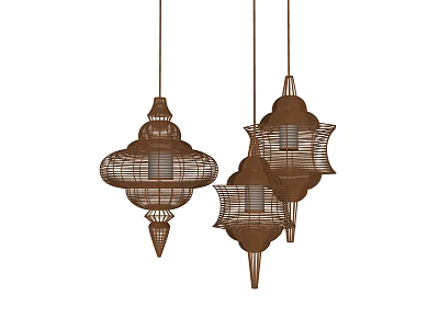 Three Rustic Brown Hanging Pendant Lights With Decorative Metal Cage Design 3d model