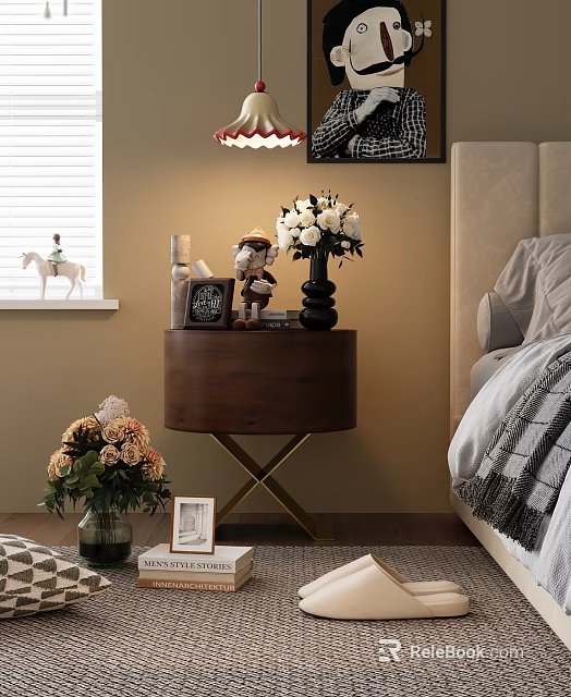 Wooden Bedside Table Featuring Metal X Legs White Flower Bouquet Small Doll and Photo Frame 3d model 