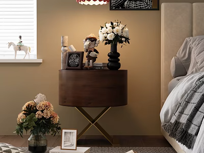 Wooden Bedside Table Featuring Metal X Legs White Flower Bouquet Small Doll and Photo Frame 3d model