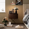 Wooden Bedside Table Featuring Metal X Legs White Flower Bouquet Small Doll and Photo Frame