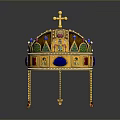Elaborate Golden Crown Sculpture Decorated With Cross Colorful Gemstones And Tassels